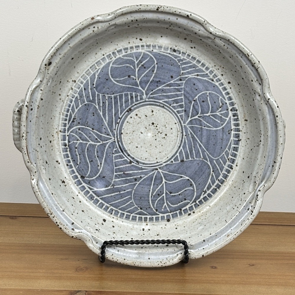 Vintage Studio Pottery Blue Leaf Scalloped Pie Dish 11" Handles Rustic Artisan